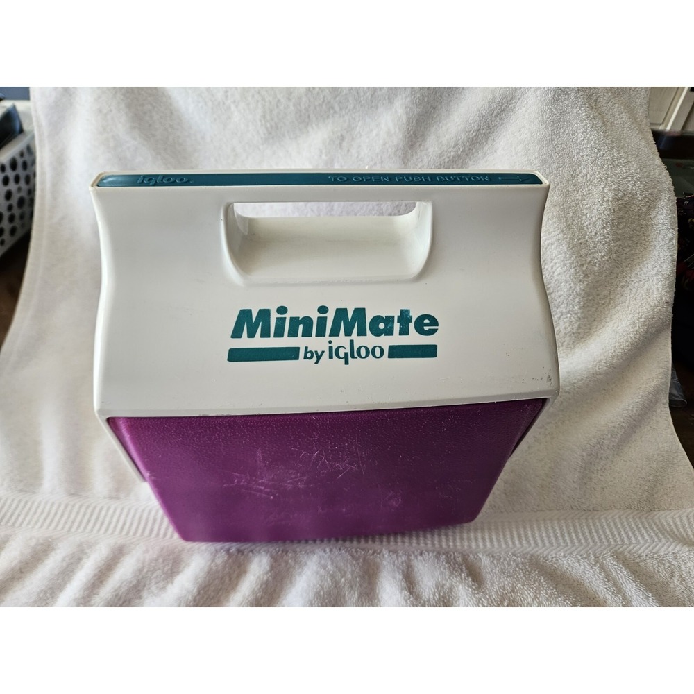 Igloo MiniMate Purple White And Teal Push Button Cooler Lunch Box 1992 Vintage